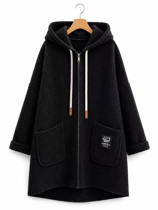 Veste Longue Effet Mouton à Capuche