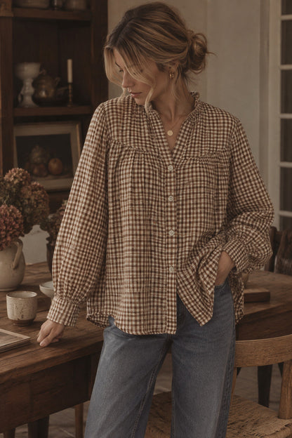 Blouse à Carreaux Col Froncé