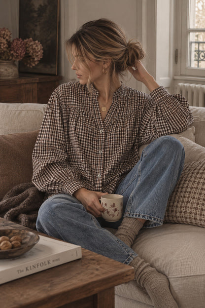 Blouse à Carreaux Col Froncé