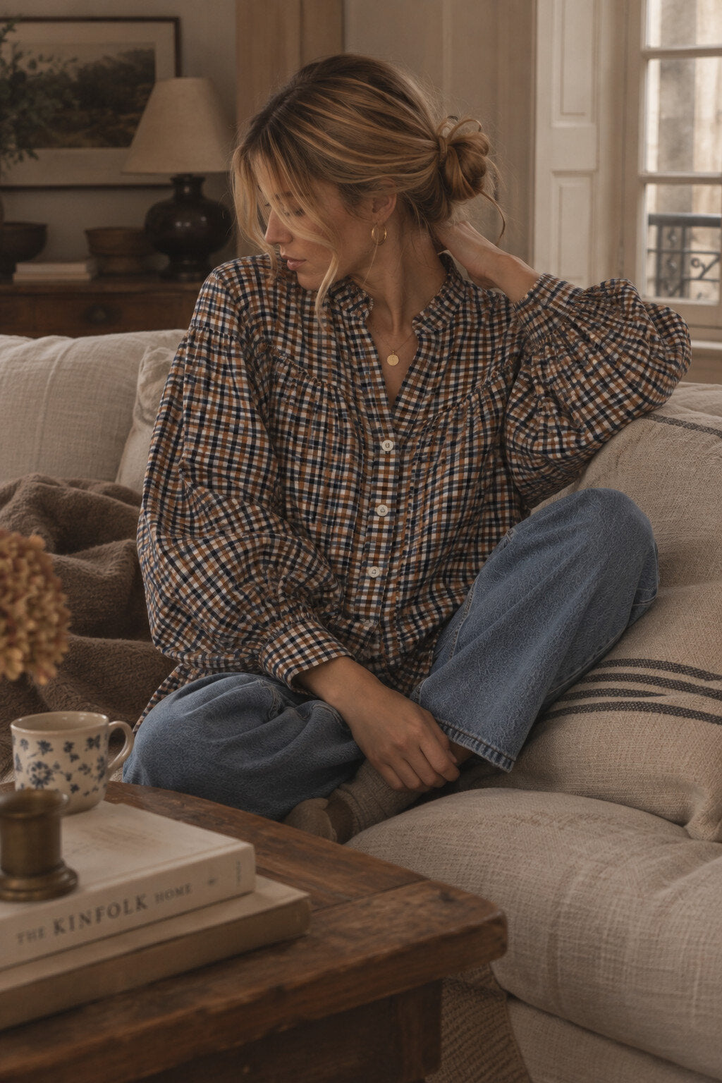 Blouse à Carreaux Col Froncé