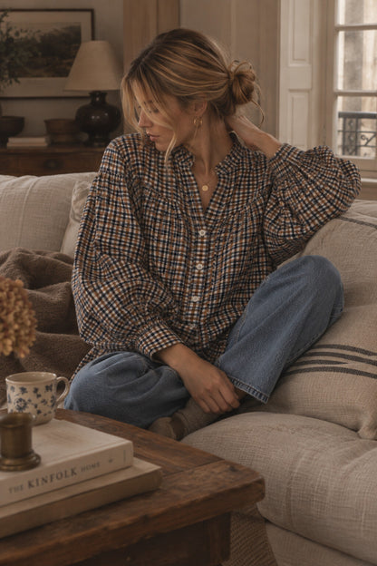 Blouse à Carreaux Col Froncé