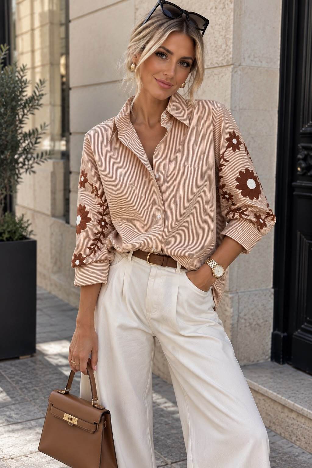 Chemise Oversize Rayée à Broderies Florales