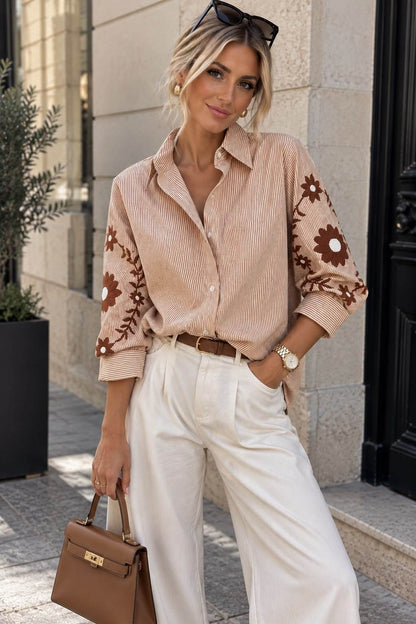 Chemise Oversize Rayée à Broderies Florales