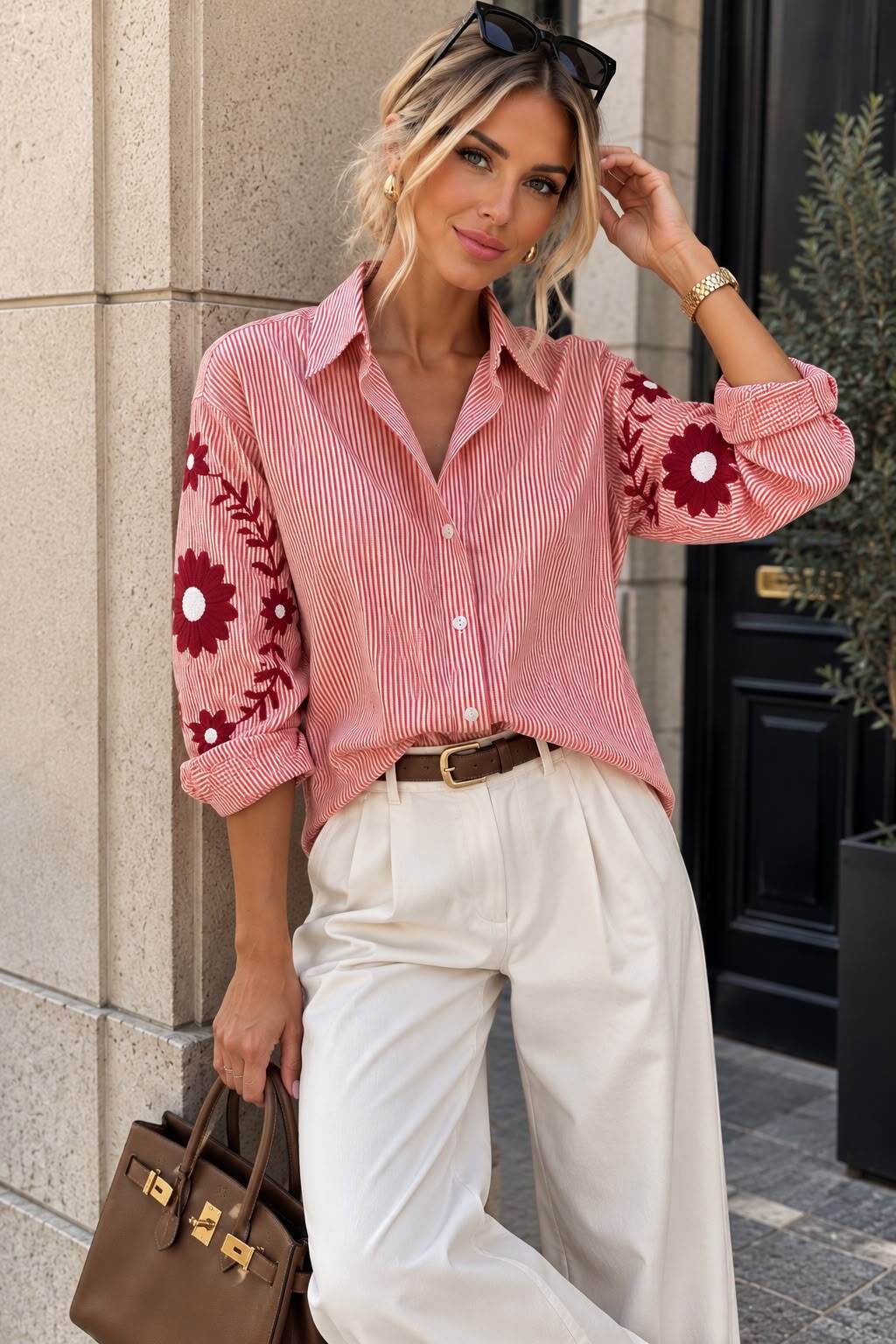 Chemise Oversize Rayée à Broderies Florales