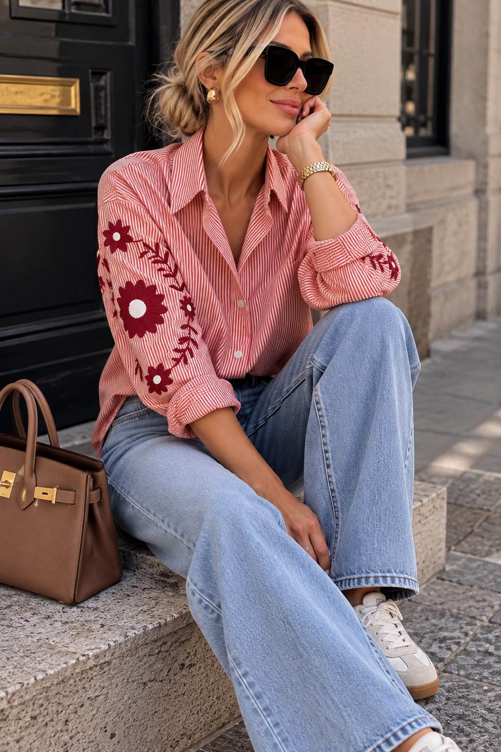 Chemise Oversize Rayée à Broderies Florales