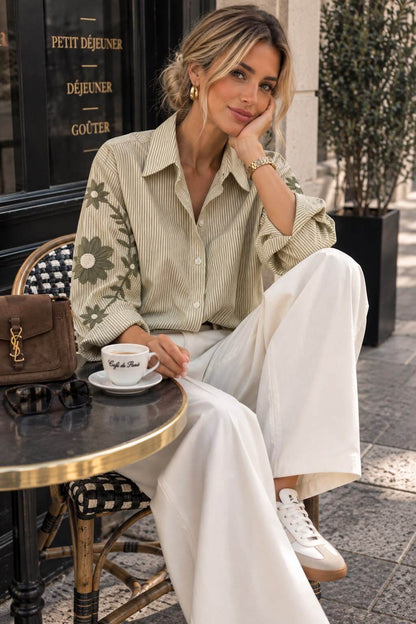 Chemise Oversize Rayée à Broderies Florales