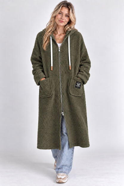 Manteau Long Moutonné à Capuche