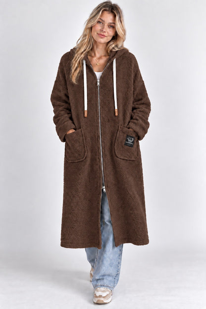 Manteau Long Moutonné à Capuche