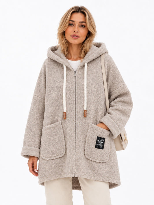 Veste Longue Effet Mouton à Capuche